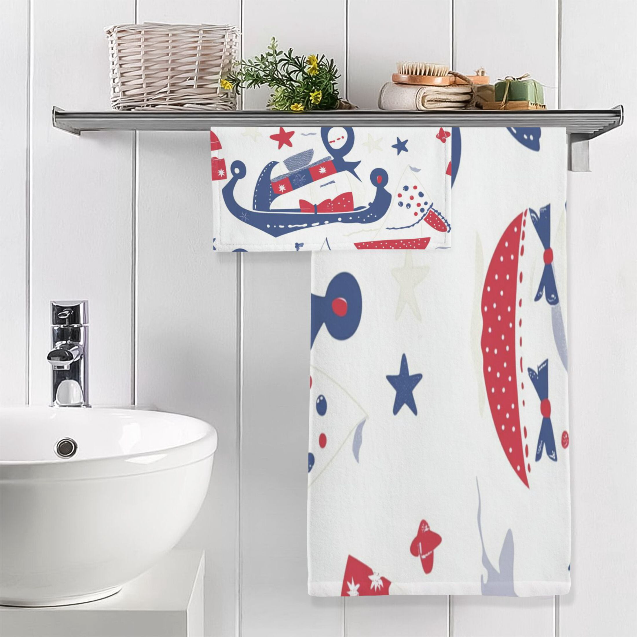Nautical Pattern 2 Piece Cotton Bath and Face Towel Set Soft and Absorbent, for Beach Pool Bathroom