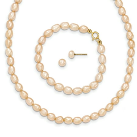 Roberto Coin Gold Jewelry Set (14k Yellow Gold Pink Freshwater Cultured Pearl 14 Chain Necklace 5 Bracelet Earrings Set Pendant Charm Fine Jewelry For Women Gift)