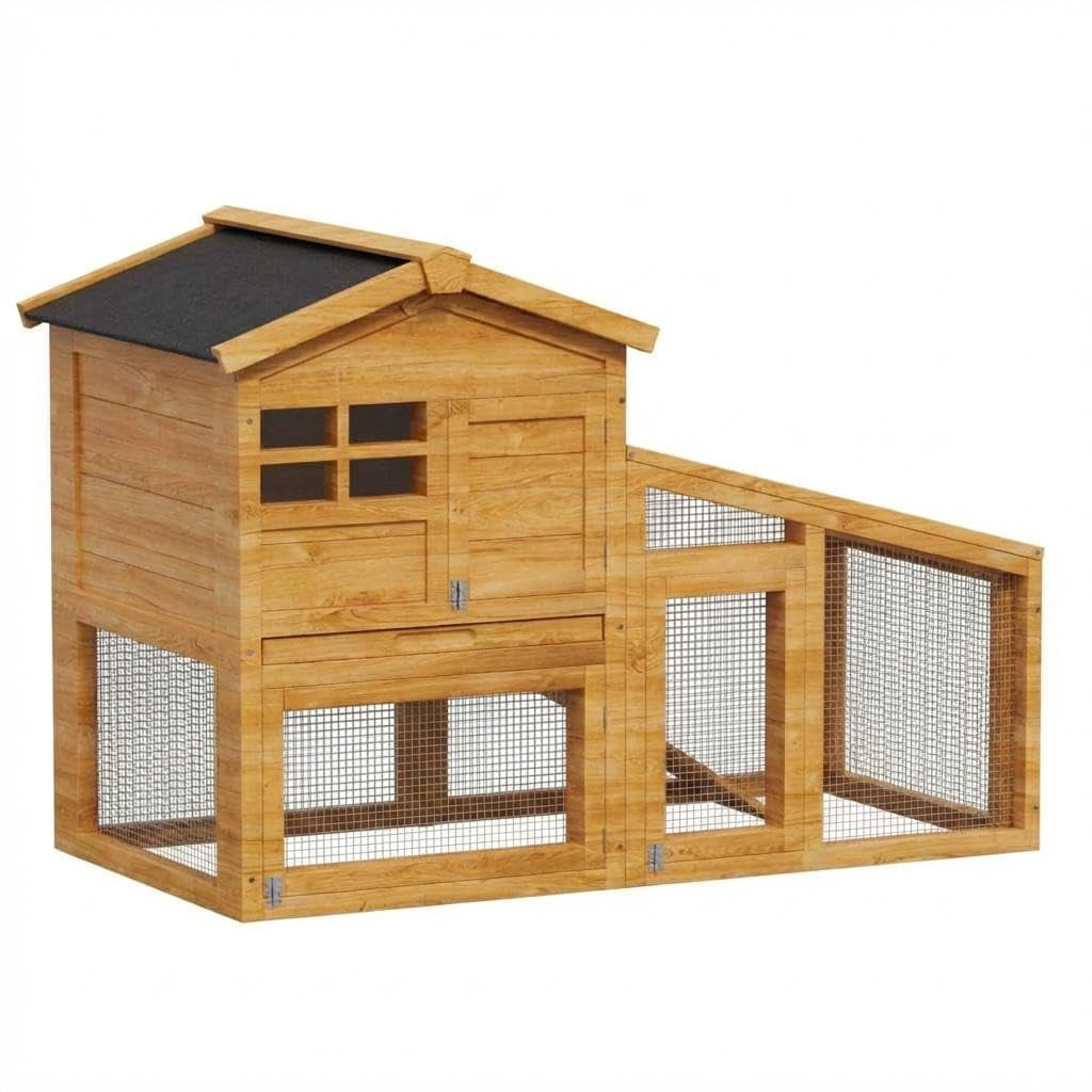 Historyli Double Layer Rabbit Hutch, Wooden Bunny Cage with Run, Removable Tray & Asphalt Roof, Indoor/Outdoor, Yellow