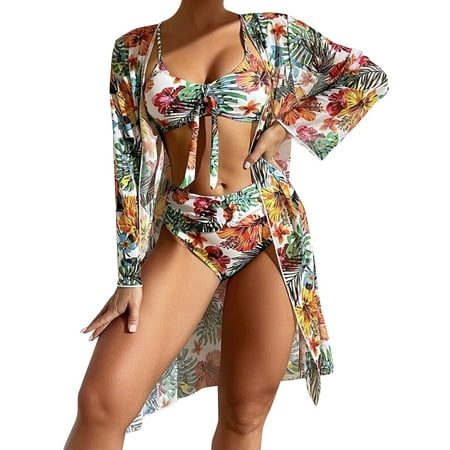 2 Piece Bikinis V-Neck for Women 3pcs Set Swimwear Bikini With Cover Up Fashion Printed Swimsuit High Waist Summer Bathing Suit Beachwear Fashionable Swimwear 2025 Green