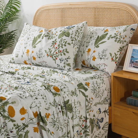 Queen Sheet Set 100% Percale Cotton Green Floral Printed Deep Pocket Fitted Sheet 17.5 in 4-Piece