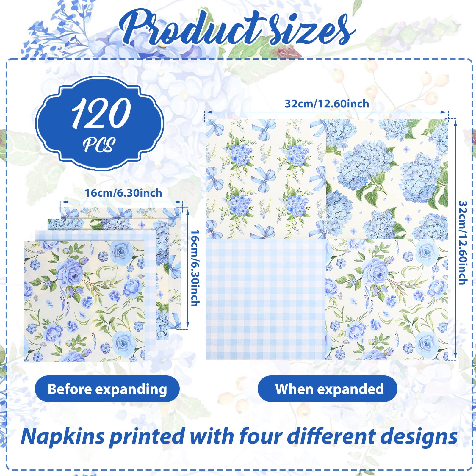 Atopoler 120 Pcs Floral Decoupage Napkins,Decorative Floral Paper Napkin,Flower Hand Towels for Celebrations Tea Party Dinner Wedding,Blue Color