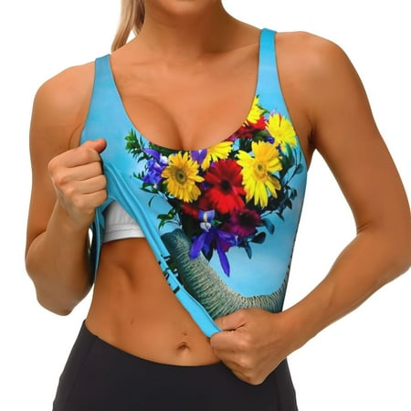 Qokaie Elephant Trunk Couple Flowers Pattern Womens Scoop Neck Sports Bra Breathable Workout Vest Padded U Back Medium Impact Fitness Gym Yoga Bra Workout Crop Top