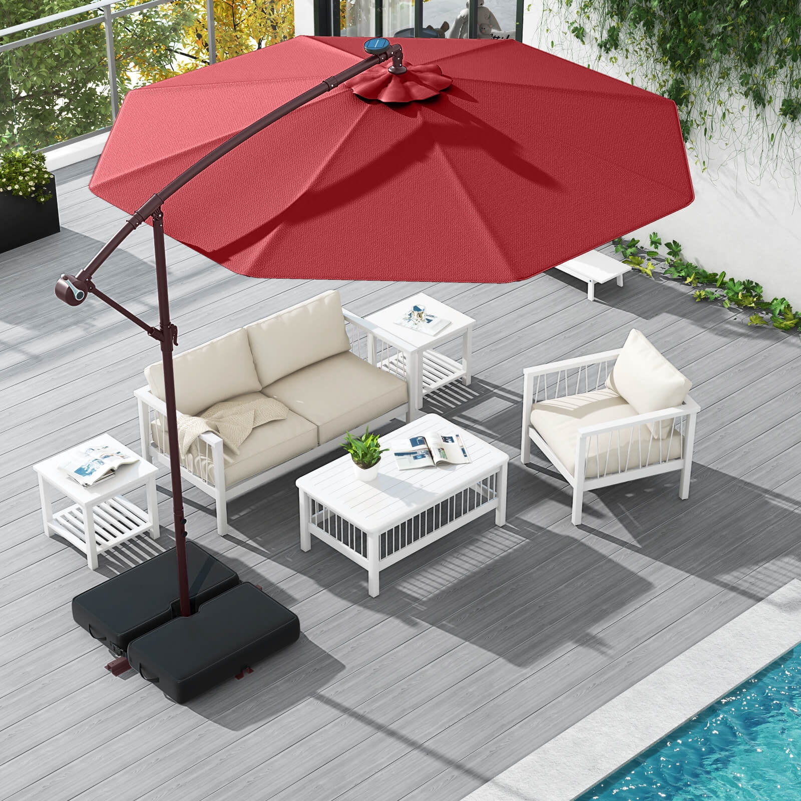 Costway Patio 10FT Hanging Offset Umbrella 32 LED Lights Sand Bag Outdoor Cross Base Wine