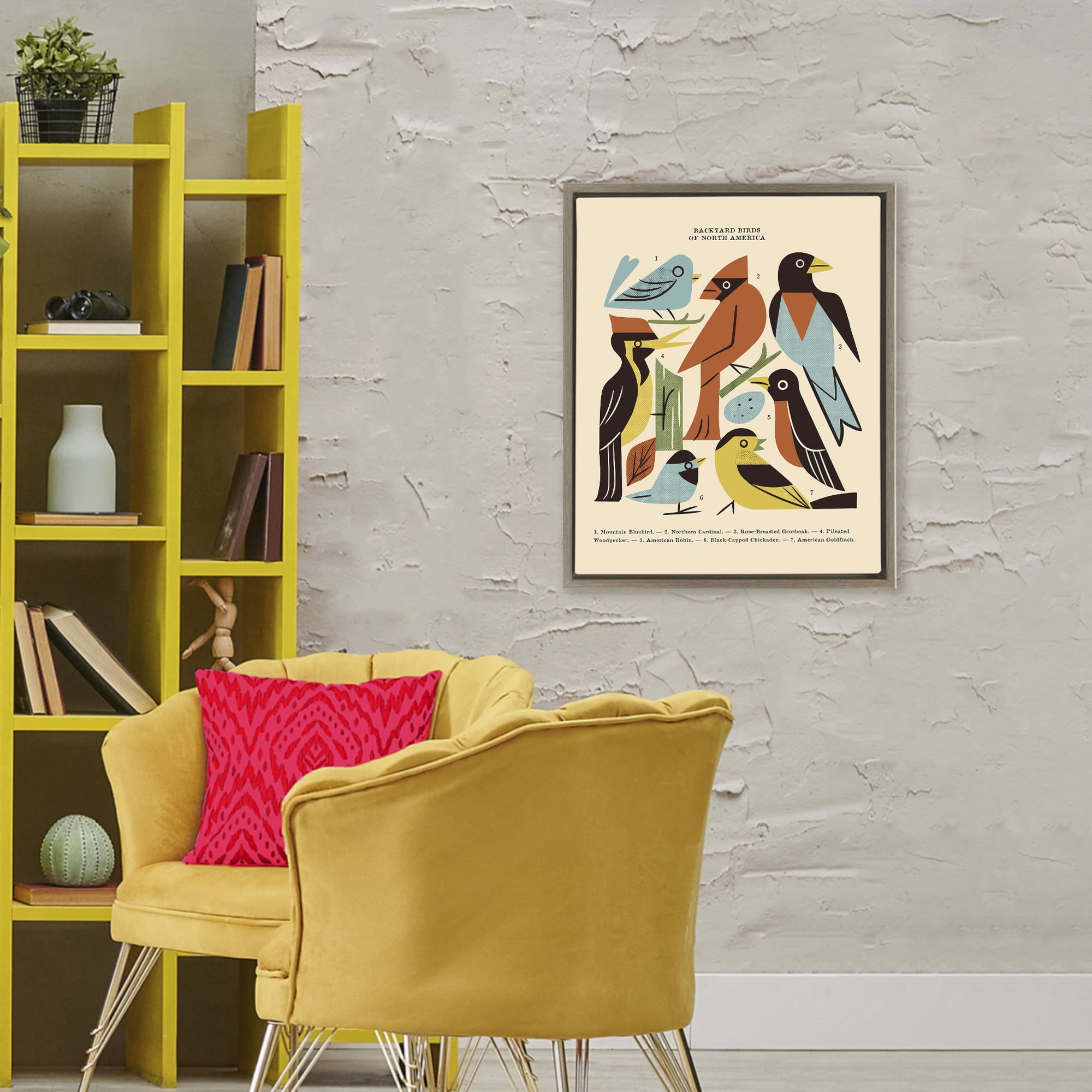 Backyard Birds Midcentury Modern Brown Framed Floater Canvas Wall Art, design by Renea L. Thull