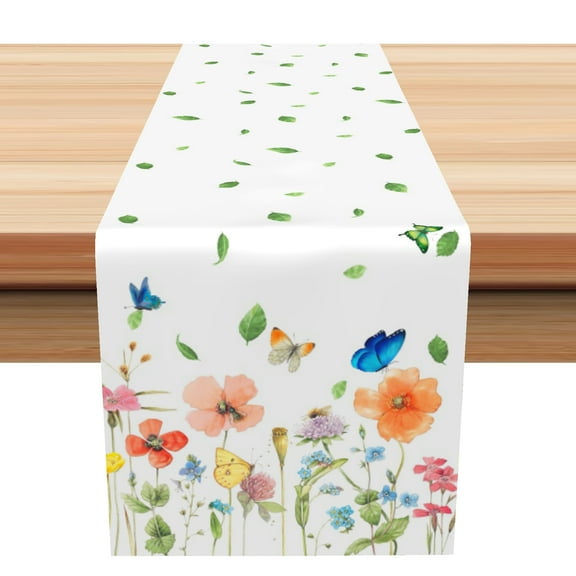 SUNOLIFE Floral with Butterfly Table Runner,Spring Flower Table Cover Decoration for Kitchen Dining 13 x 72 Inch
