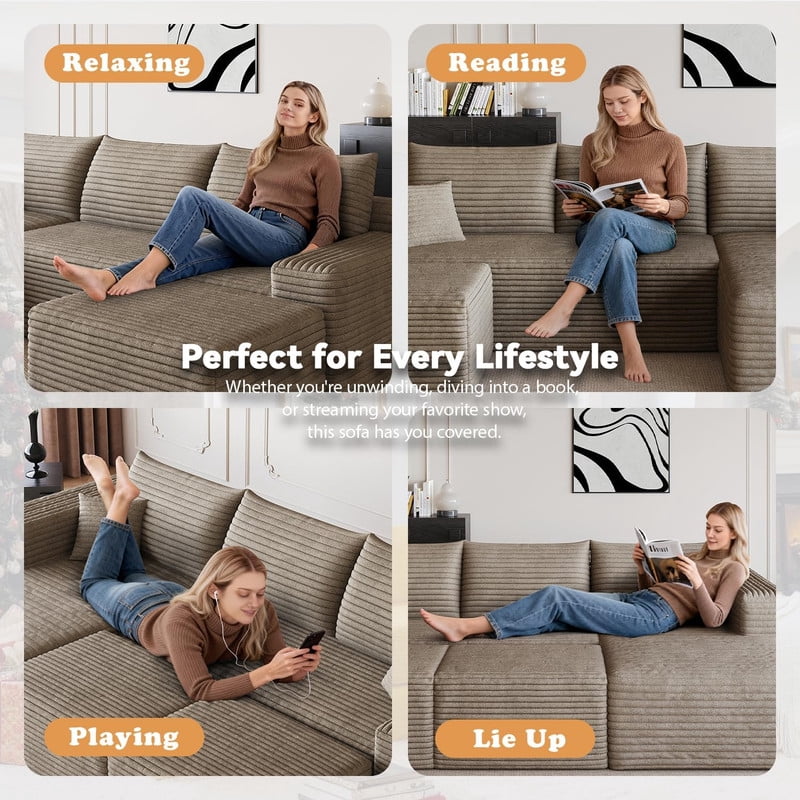 94'' Cloud Sectional Sofa with 2 Ottomans, Modular Upholstered Sofa Couch with Deep Seat, Plush Corduroy Fabric U Shaped Sofa for Living Room, Left Facing Chaise