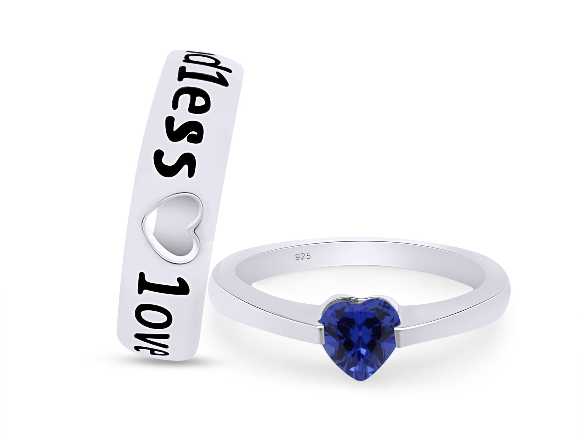 Romantic 925 Silver Heart Shape Blue Sapphire Wedding Couple Ring Sz 6 7 8 9 10