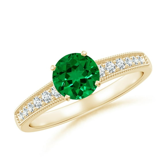 ANGARA Lab Grown Vintage Style Round Emerald Engagement Ring with Accents for Women in 14K Yellow Gold (Size-6mm) | May Birthstone, Anniversary, Jewelry Gift for Women | Lab-Grown Emerald Ring