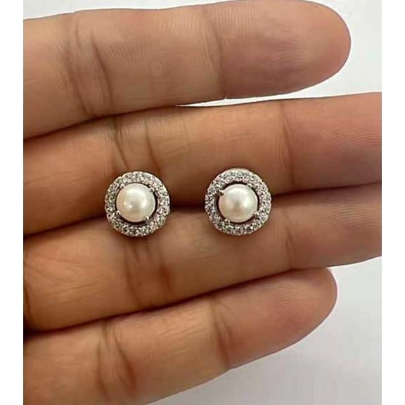925 Sterling Silver Pearls and Cubic Zirconia Round Shape Stud Earrings for Women