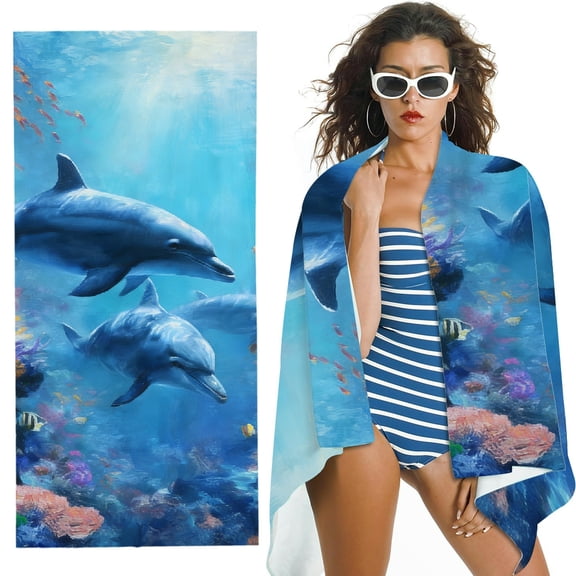 RKSupls Dolphin Coral Reef Ocean Microfiber Beach Towel, Extra Large Quick Dry Lightweight Absorbent Towel for Travel Swimming Camping, Soft Super Absorbent- 30x60 in