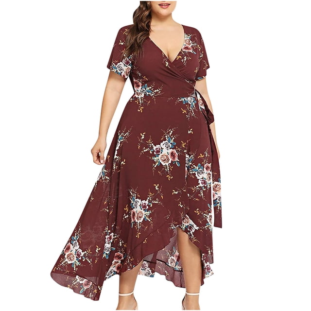 Aqestyerly Robe Boho à Manches Courtes à Imprimé Floral et Col en V pour Femmes Grande Taille Robe de Soirée HWRETIE HWRETIE