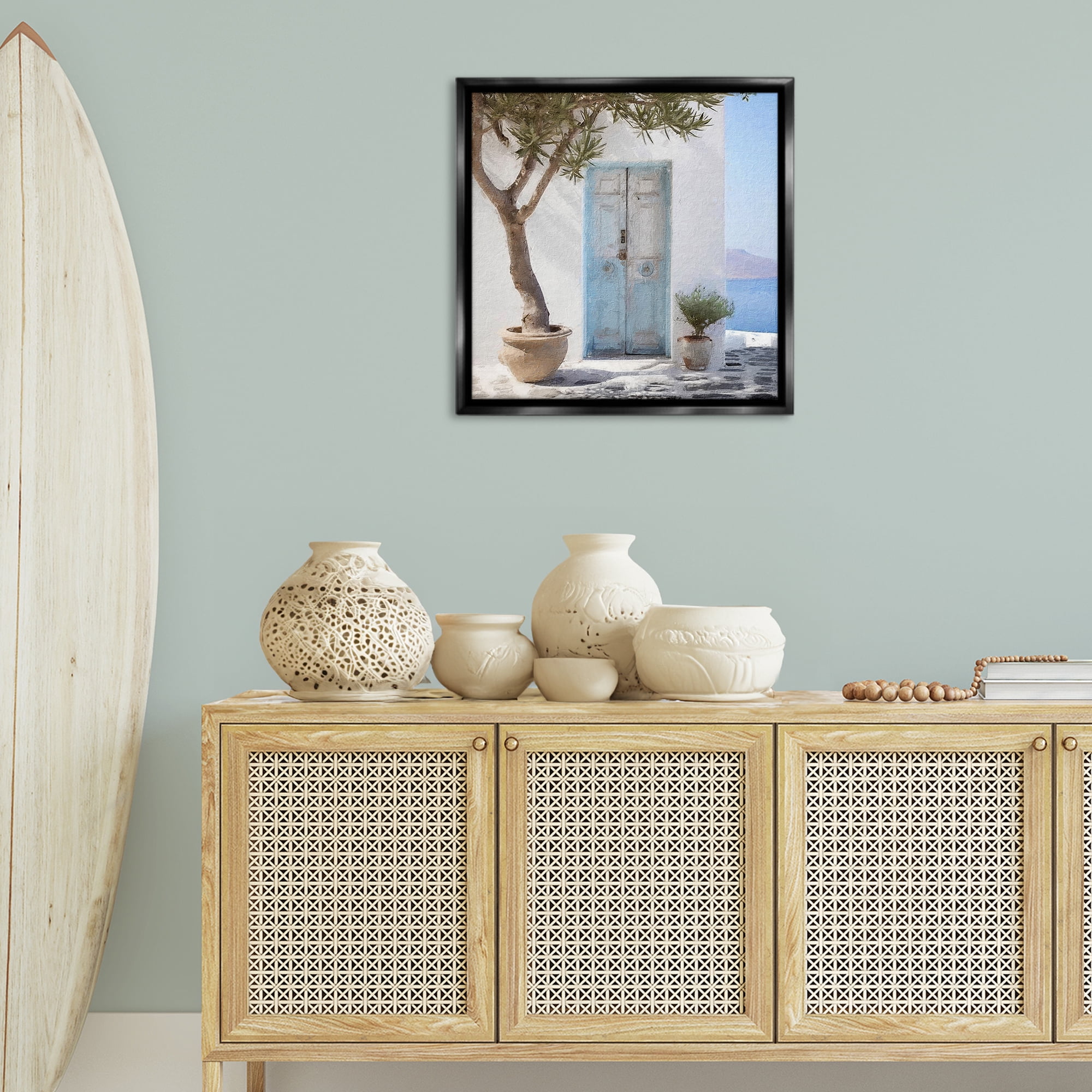 Stupell Industries Coastal Greek Door Town & City Painting Black Floater Framed Canvas Art Print Wall Art, 25 x 25