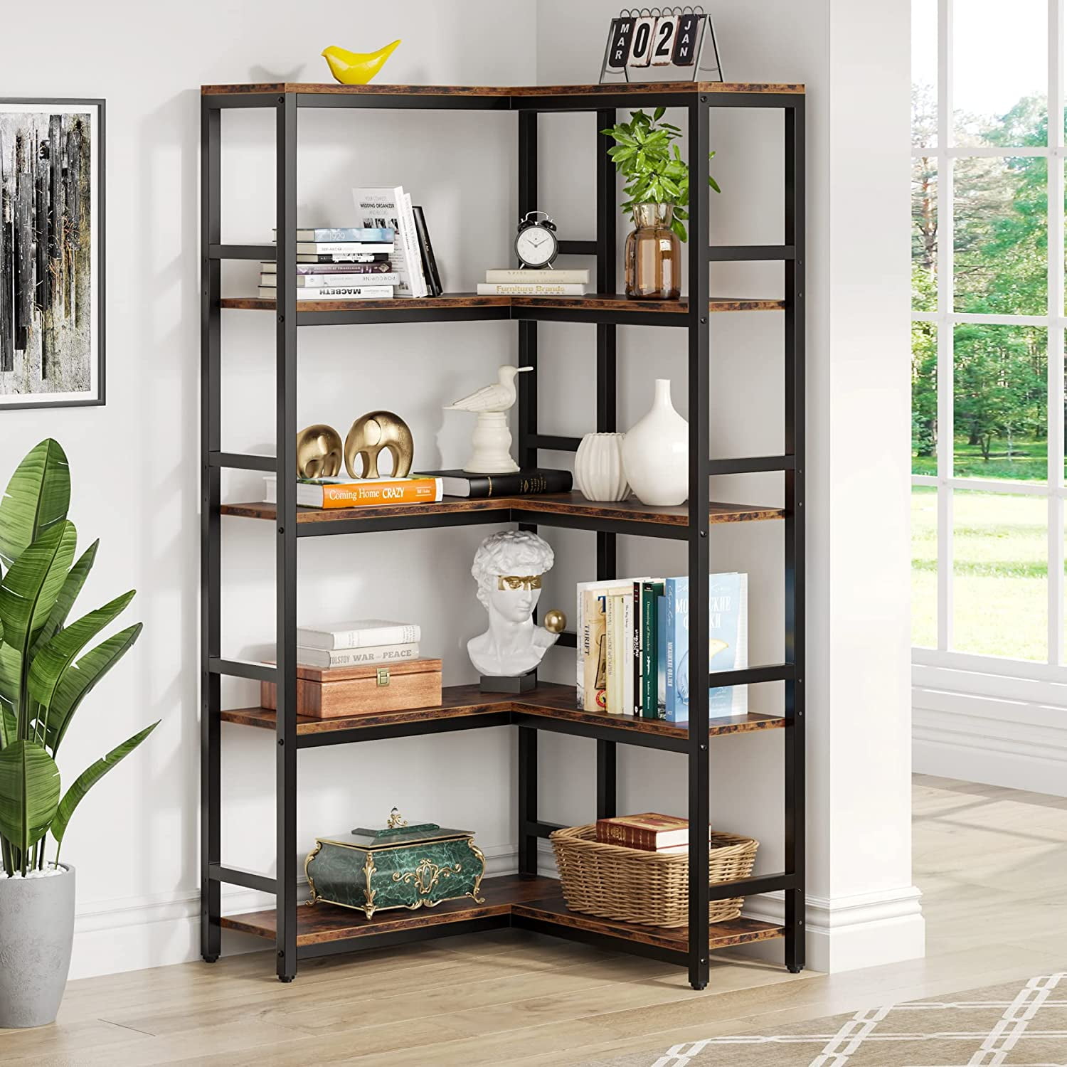 TRIBESIGNS WAY TO ORIGIN Corner Shelves, 5 Tier Corner Bookshelf and  Bookcase, Industrial Corner Storage Rack Standing Shelving Unit for Living  Room