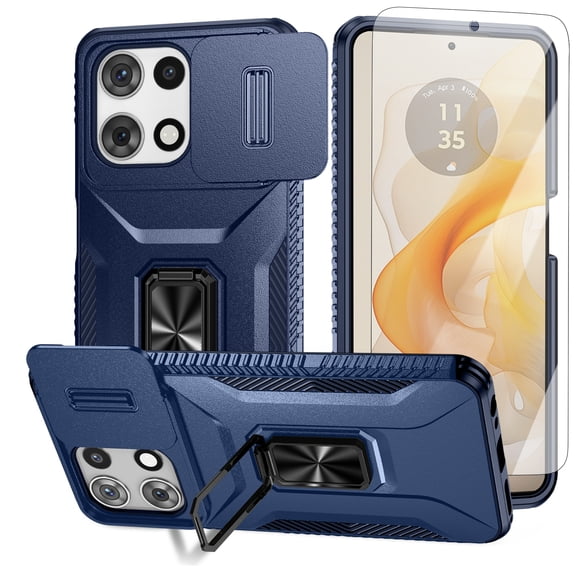 Dteck Case with Tempered Glass Screen Protector for Motorola Moto G 5G 2025,Shockproof TPU PC Slide Lens Protection Case 360° Rotated Ring Kickstand Back Cover,Blue