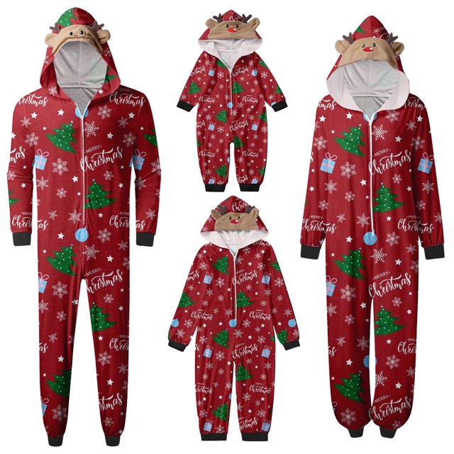 Mono con capucha de una pieza, conjunto de una pieza con estampado de árbol de Navidad, disfraz de cosplay con gorro de ciervo, mono informal holgado y ligero con cremallera, conjunto familiar, vino,