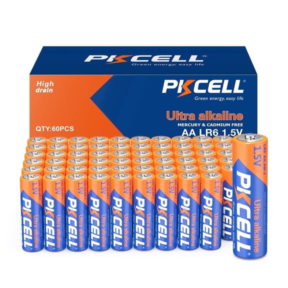 PKCELL Alkaline AA Batteries (60 Pack), 1.5V Long-Lasting Double A Batteries for Household and Business