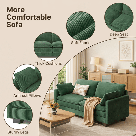 Aiho 75" L Loveseat Sofa, Comfy Corduroy Fluffy Couch with Deep Seat with Double Layer Cushions for Living Room, Apartment, Bedroom, Bedroom - Green