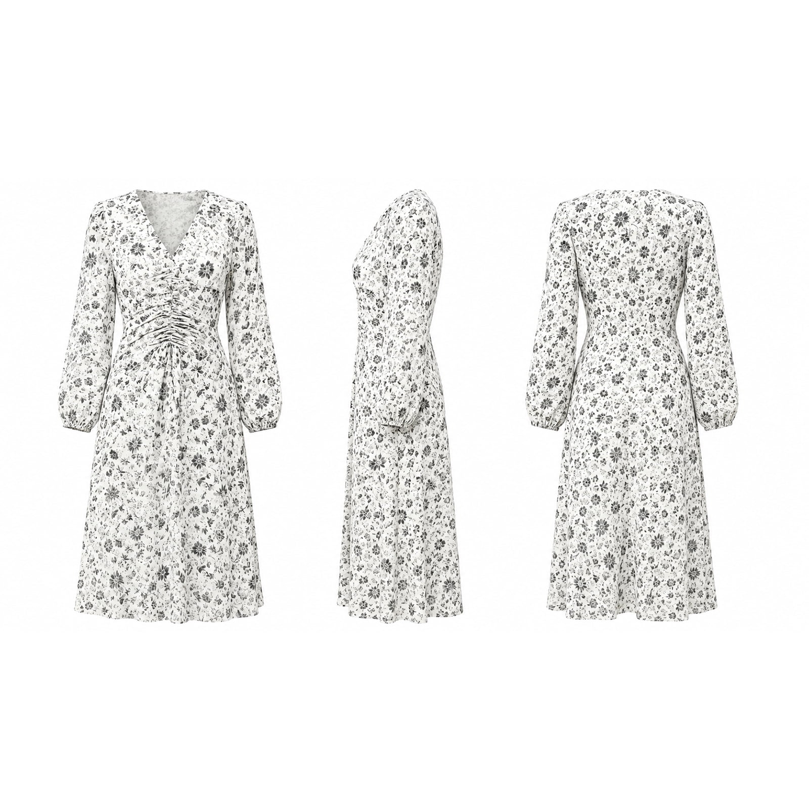 Alvantor Women's Ivory Multi Floral Midi Dress with V-Neck, Long Sleeves and Ruched Waist