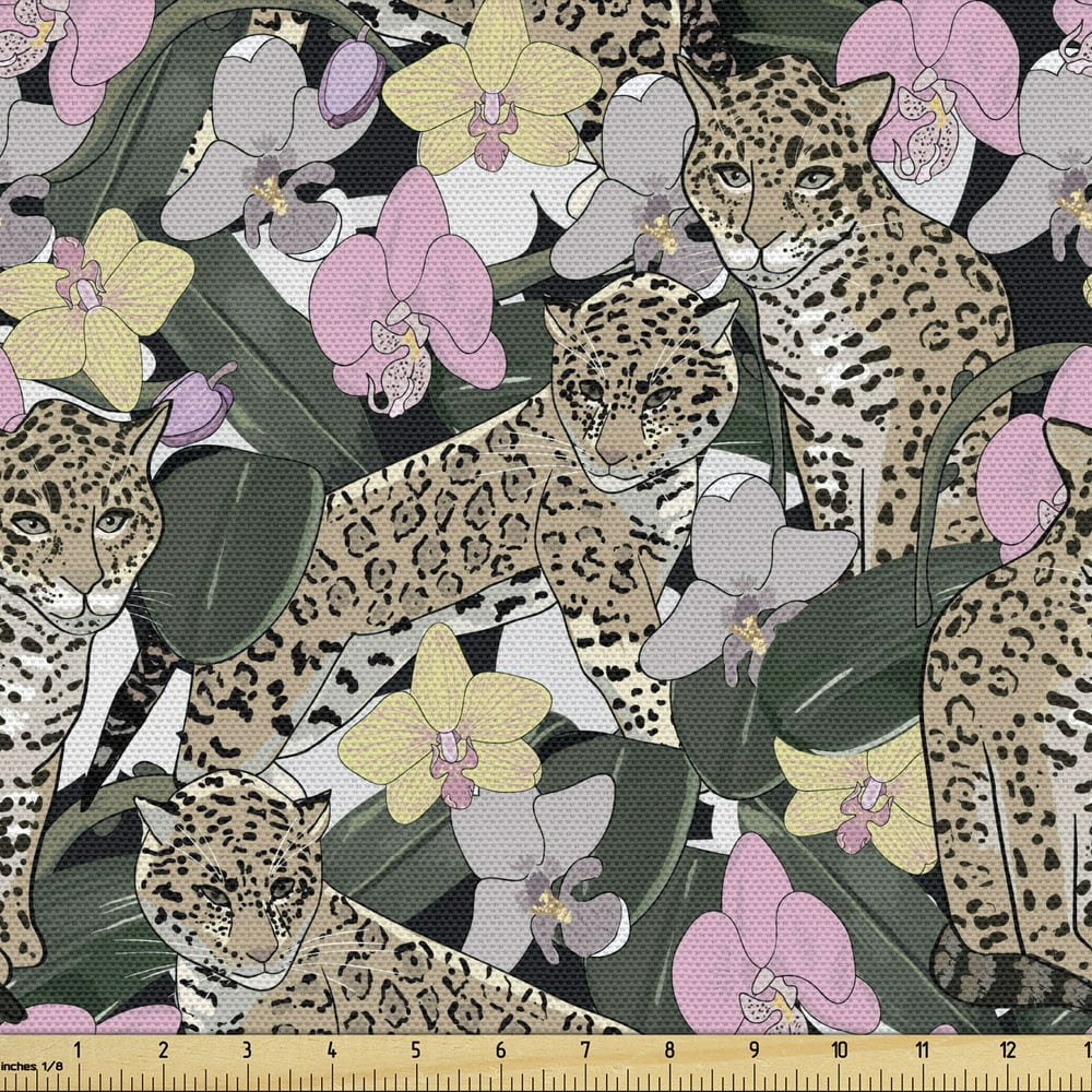 Safari Fabric by the Yard Upholstery, Pattern of Exotic Flower Orchid