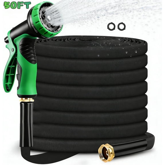 50FT Non-Expandable Garden Hose - Flexible, Lightweight & Tangle Free with 10-Function Spray Nozzle, Durable Rust-Proof Design for Yard, Garden, and Outdoor Use