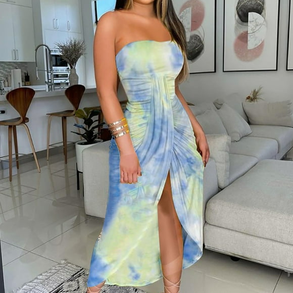 HKEJIAOI Womens dress Women's Summer Print Strapless Long Dress Beach Split Dress Party Club Dress Deals Clearance Blue