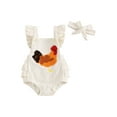 thumbnail image 3 of Baby Girls Rompers Fuzzy Rooster Embroidery Fly Sleeve Ruffles Infant Bodysuits Summer Clothes with Headband, 3 of 10