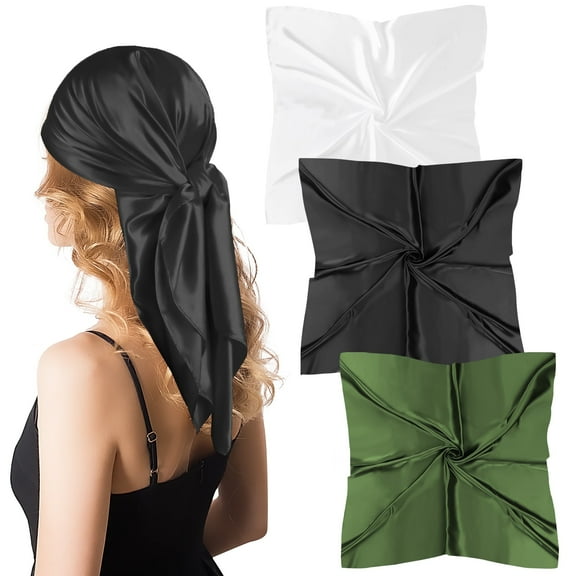 EEEkit 3pcs 35" Square Silk Like Head Scarf, Women's Fashion Satin Silk Feeling Bnadana Neck Scarves Handbag Accessories