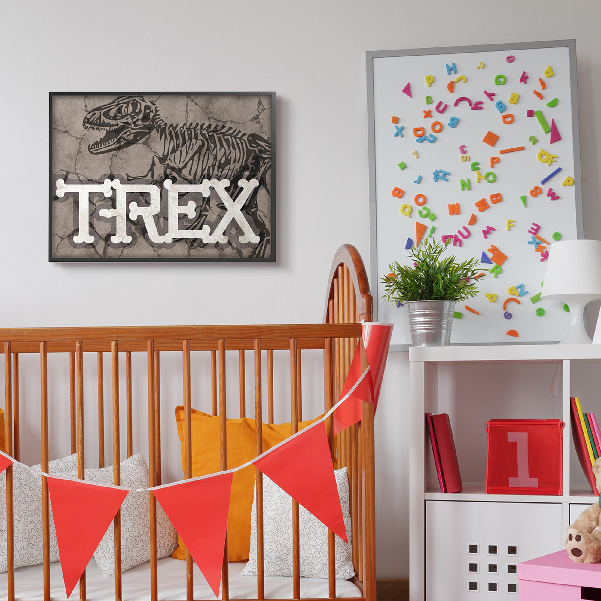 Stupell Industries T-Rex Bone Typography Large Dinosaur Skull Animals & Insects Painting Black Framed Art Print Wall Art, 24 x 30