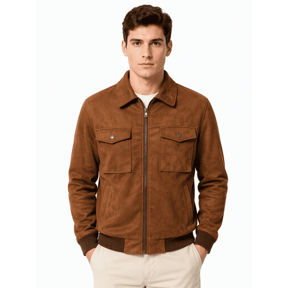 Tbfashion Men's Casual Bomber Jacket Brown Zip Front Pocket Long Sleeve Outerwear