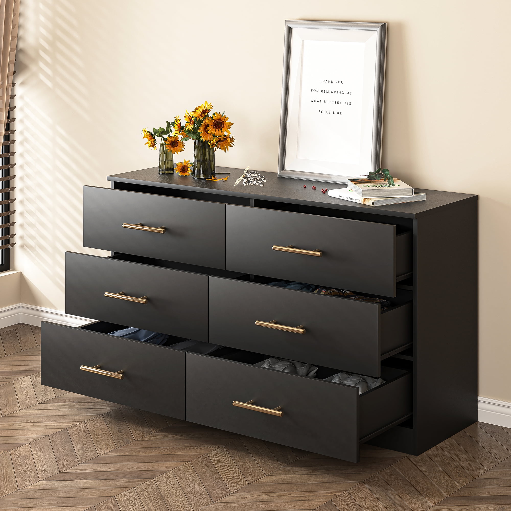 YYAo Wooden 6 Drawer Dresser, Large Modern Chest of 6 Drawers Night Table, TV Stand for 55" TV for Bedroom, Closet, Living Room, Black YYAo Wooden 6 Drawer Dresser, Large Modern Chest of 6 Drawers Night Table, TV Stand for 55" TV for Bedroom, Closet, Living Room, Black