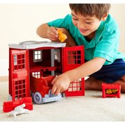Green Toys: Fire Station Playset - 8pc Emergency Toy Set, Rescue Vehicle Truck, 2-Level Firehouse, 2 Cat Figures, Recycled Material, Kids-Toddlers 2+