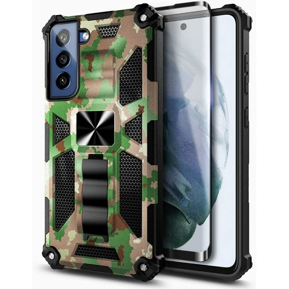 Nagebee Case for Samsung Galaxy S21 FE 5G with Tempered Glass Screen Protector (Full Coverage), Full-Body Protective Shockproof [Military-Grade], Built in Kickstand, Heavy-Duty Durable Case (Camo)