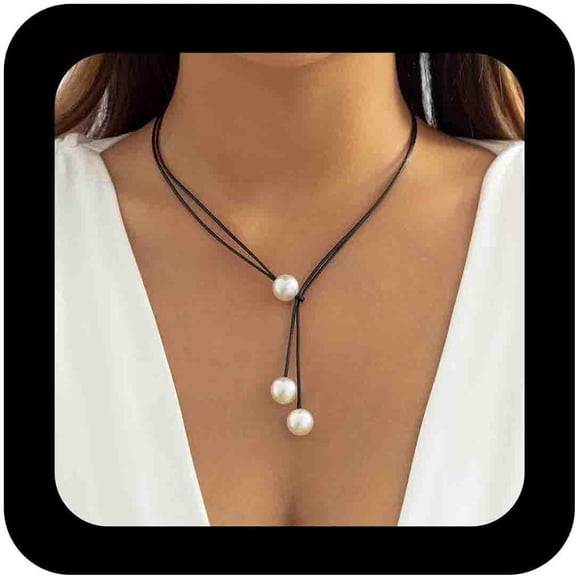 Vintage Leather Y-Shape Necklace Black Cord Pearl Lariat Necklace Long Suede Necklace Chain Gothic Cord Rope Choker Necklace Jewelry for Women