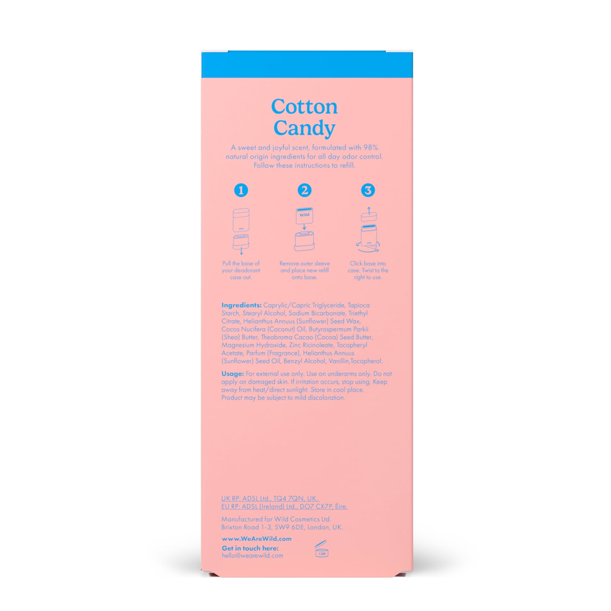 Wild Refillable Deodorant Starter Pack – Aluminum Free. Hot Pink Case + Cotton Candy Refill, for Women and Men, 1.4oz