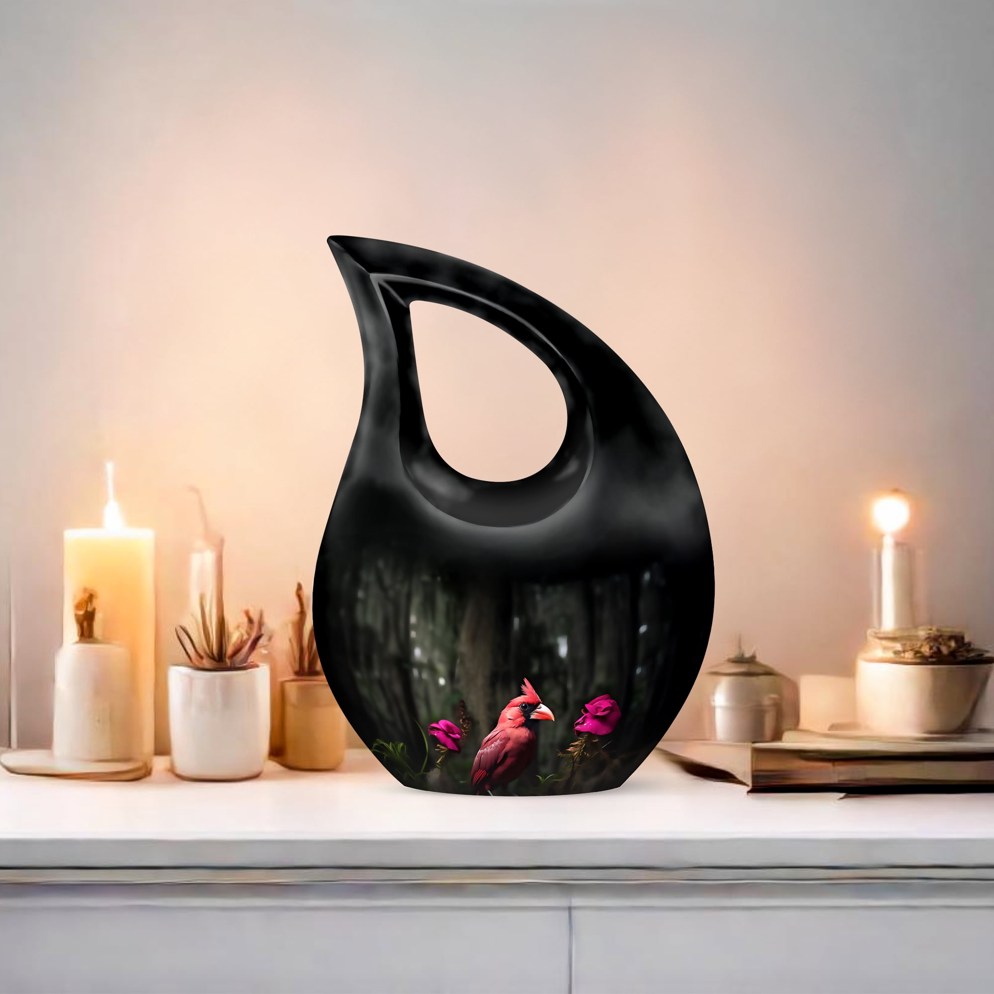 MUKTIVE Adult Urn Red Cardinal Bird Cremation Urn Male & Female - Black Cross Drop Large Funeral Burial Urns for Human Ashes - Handcrafted Memorial Gifts for Loss - Cremains Holder (10 Inch)