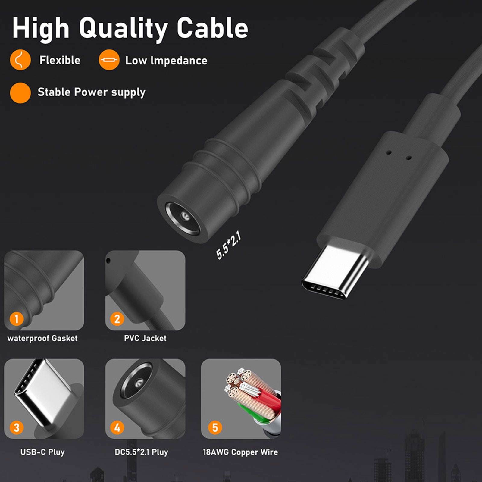 USB Type C to DC5.5x2.1mm 5521 Power Extension Cable with PD100W Sensoring Enhances Compatibility Waterproof