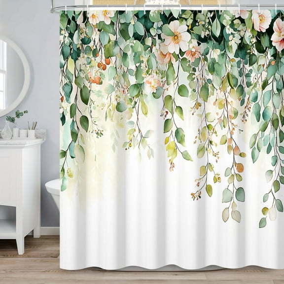 MIZHONA Spring Green Leaves Shower Curtain,Plants Floral Fabric Bathroom Curtain,72"W x 72"L