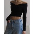 thumbnail image 5 of Women Off Shoulder Twist Front Long Sleeve Crop Top Solid Color Slim Fitted Casual Going Out Blouse, 5 of 11