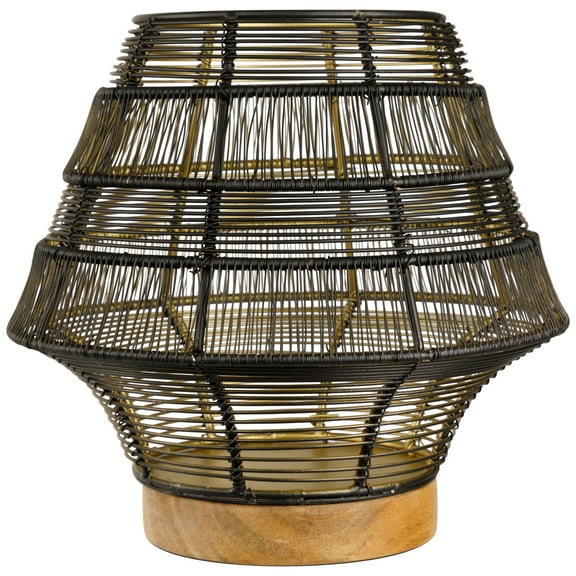 Northlight Large Woven Iron Pillar Candle Holder with Wood Base - 9.25" - Black