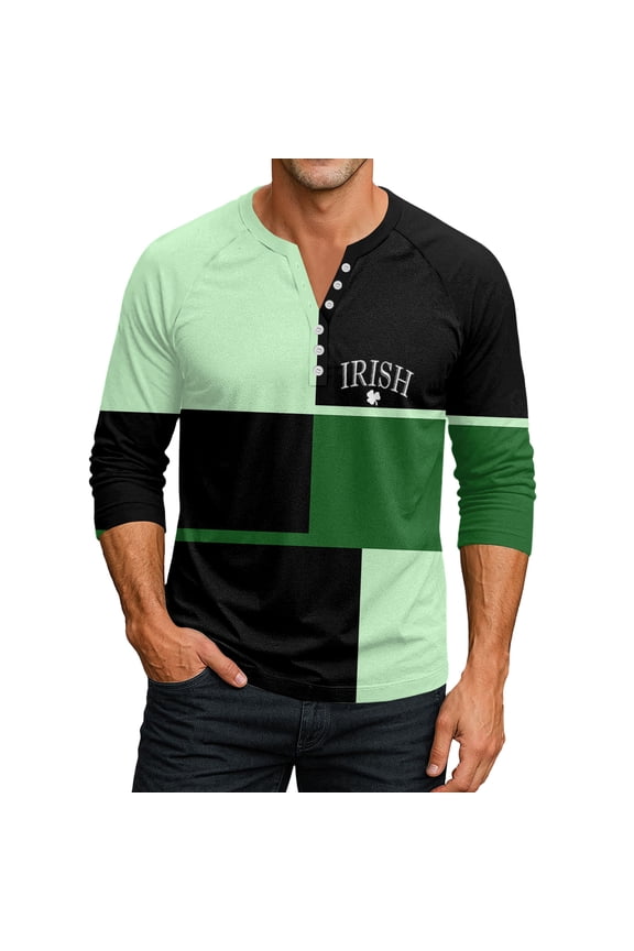 Men's St. Patrick's Day Irish Henley Shirt 3/4 Sleeve Color Block Clover Top