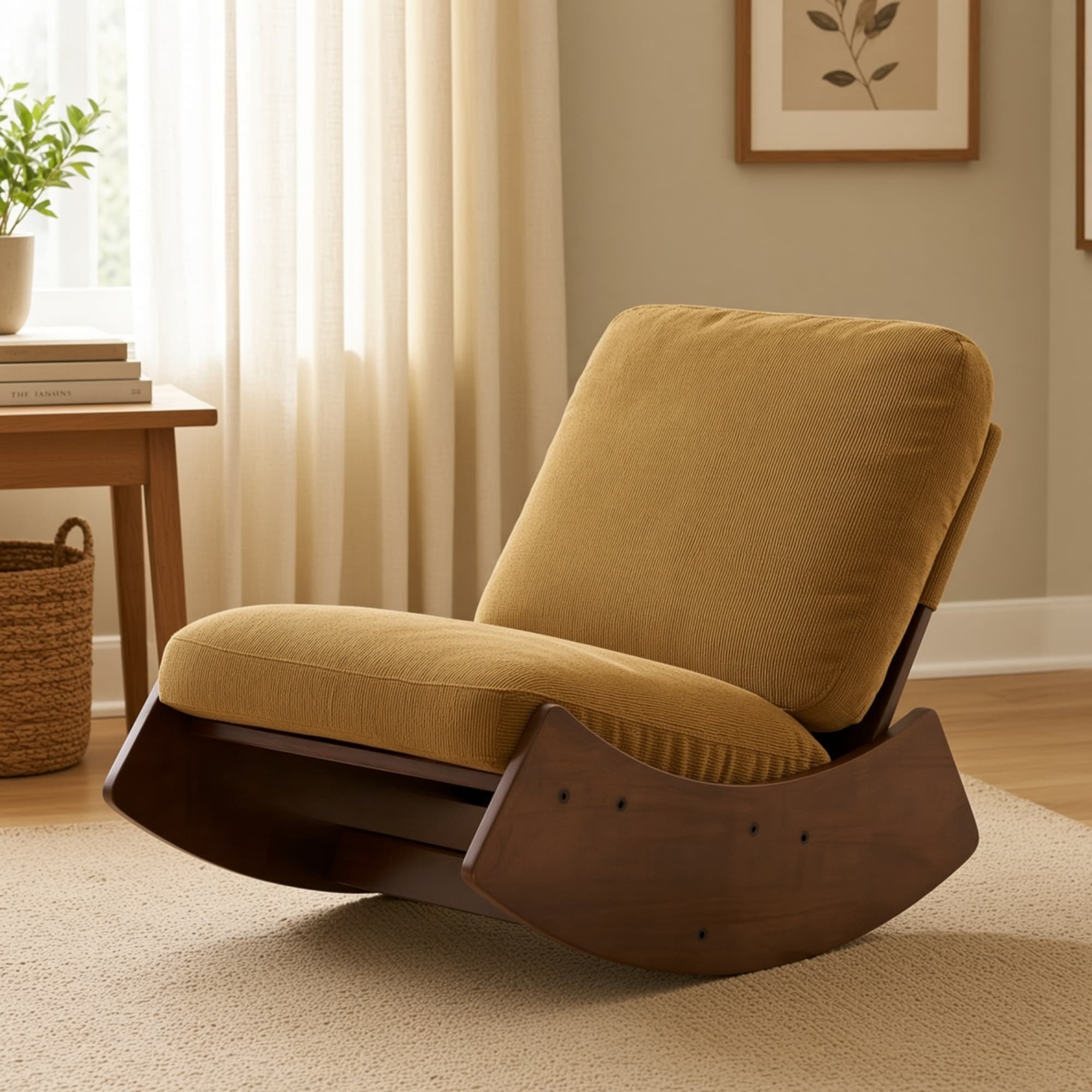 Comfortable Glider Rocking Chair, Upholstered Corduroy Accent Rocker with Solid Wood Frame, Smooth Gliding Motion Reading Chair for Living Room Bedroom Home Office, Yellow