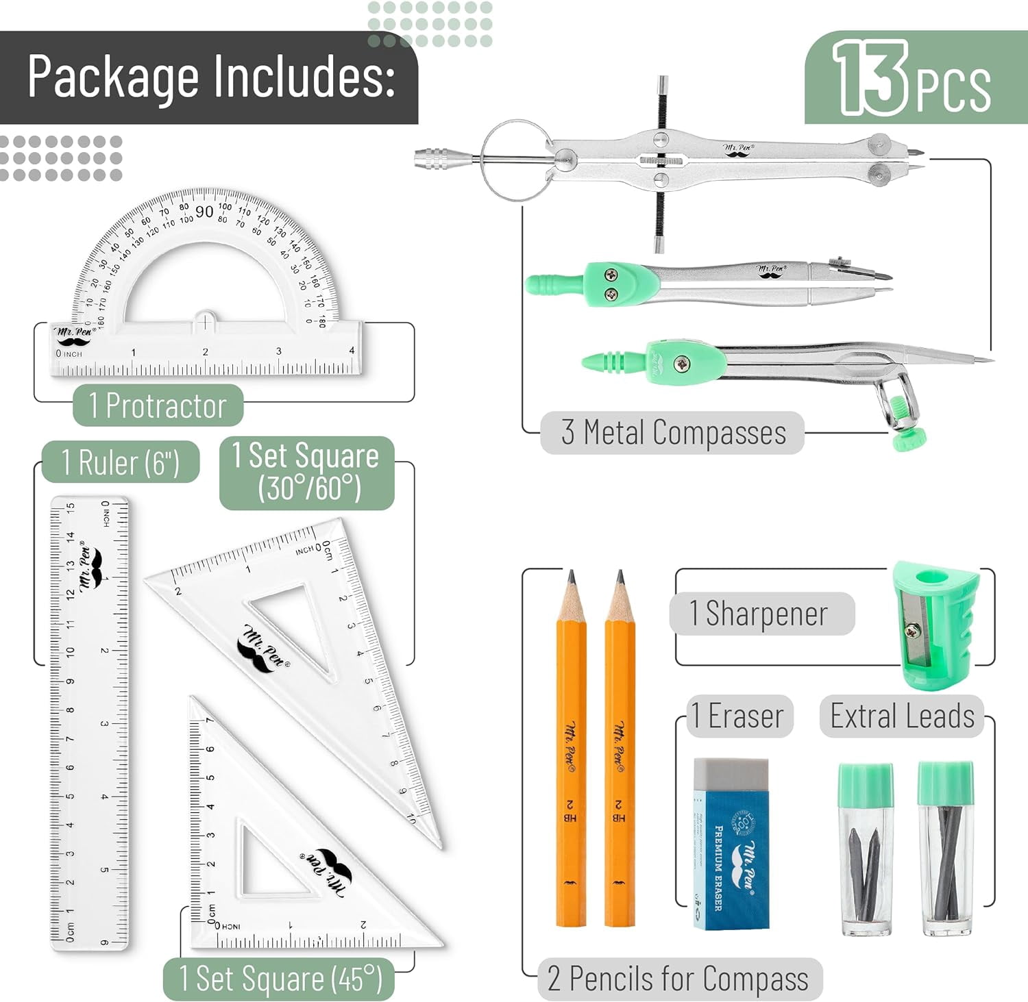 Mr. Pen- 13 Pcs Geometry Set, Compass, Protractor, Math & Drafting