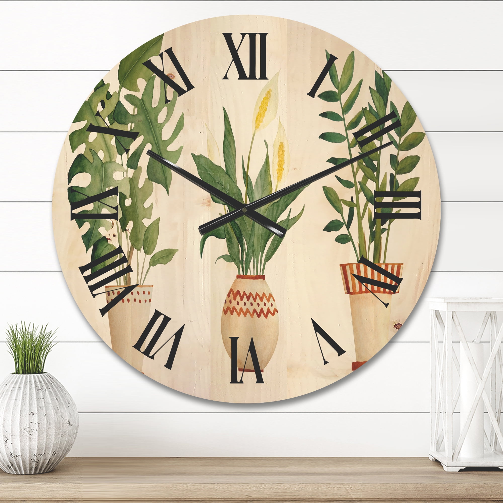 Designart 'Houseplant Peace Lily In Terra Cotta and Monstera' Farmhouse Wood Wall Clock