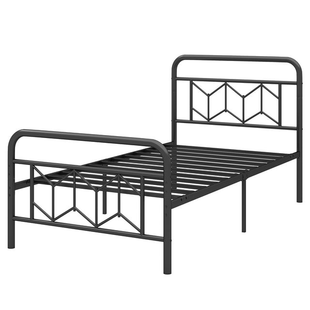 Patiojoy Twin Metal Bed Frame Platform Bed with Diamond Accented Headboard & Footboard Black