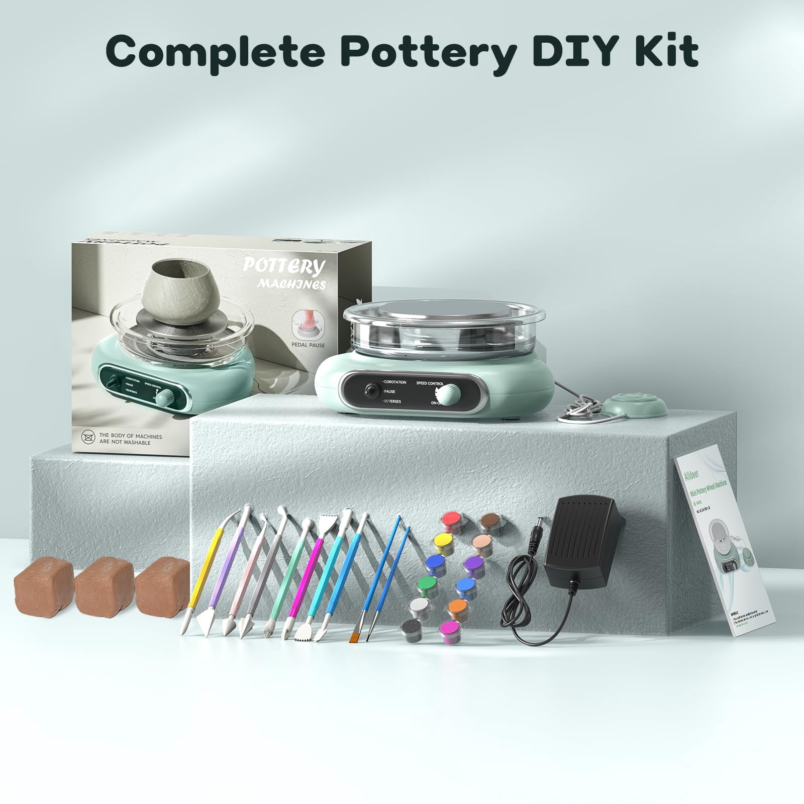 Mini Pottery Wheel Kit - 4.7" Turntable Electric Clay Wheel with Foot Pedal, Adjustable Speed Ceramic Making Machine with 8 Pottery Shaping Tools, Craft Kits for Kids