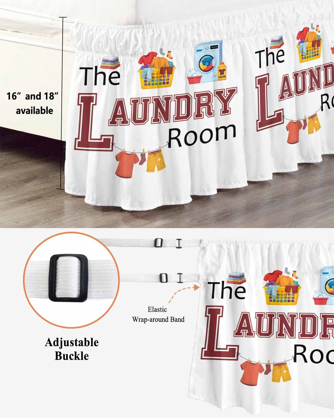Laundry Room Wrap Around Bed Skirts for Queen Bed 16" Drop, Bed Skirt with Adjustable Elastic Belt Dust Ruffle Bed Valance for Bedroom Hotel Luxury Cartoon Washing Machine Clothes Bed Frame Cover