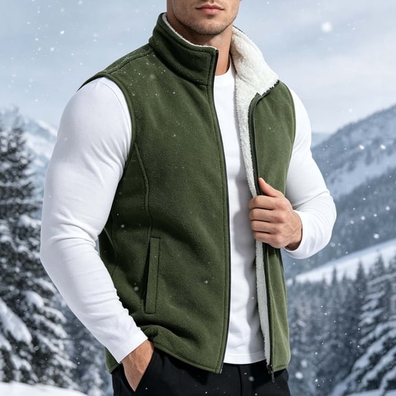 Mens Fleece Insulated Sleeveless Jackets Full Zipper Stand Up Collar Solid Color Fashion Winter Jacket Army Green XL