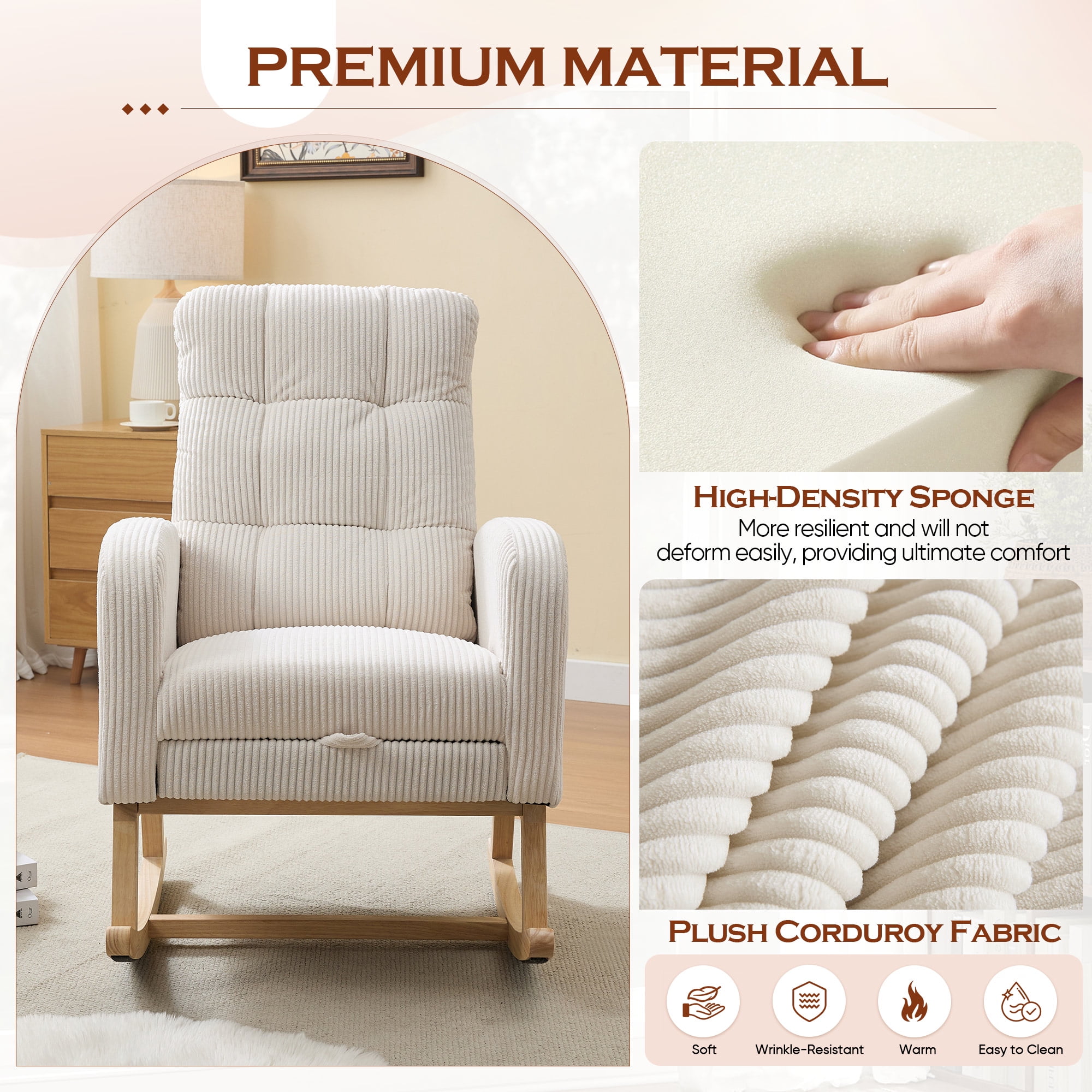 FFH Rocking Chair with Footrest, Rocking Chair for Nursery, Corduroy Armchair with High Backrest and Side Pockets, Accent Chair for Living Room, Bedroom, Beige