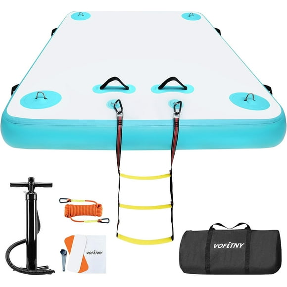 Cyan 8ft x 6ft x 6"Inflatable Floating Dock Swim Air Platform Island Raft Mat for Lake Pool Beach Ocean with Rope Ladder, Non-Slip Surface